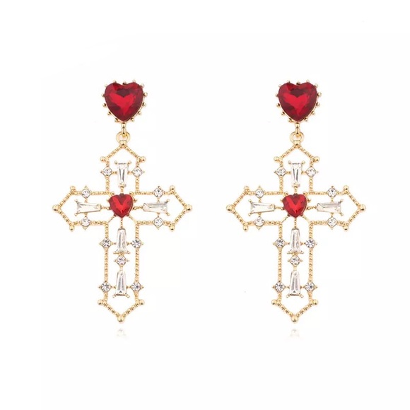 Gold Cross Earrings Red Crystal Hearts - Picture 3 of 3